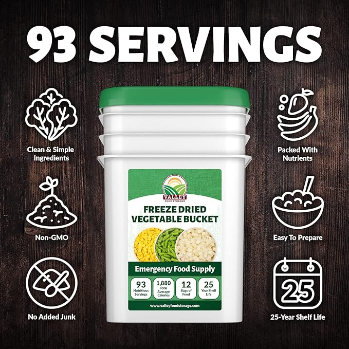 Valley Food Storage Freeze Dried Vegetable Bucket | 12 Pouches Mixed Vegetables | Premium Emergency Food Supply 25 Year Shelf Life | Survival Food for Camping Prepper Storage &amp Off-Grid Living