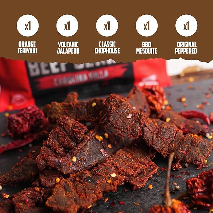 Wicked Cutz Beef Jerky Variety Pack | 5 Flavors Up to 36g Protein Per Bag | Tender Easy to Chew USA Made High Protein Carnivore Snacks | Unique Gifts for Men (5 Bags)