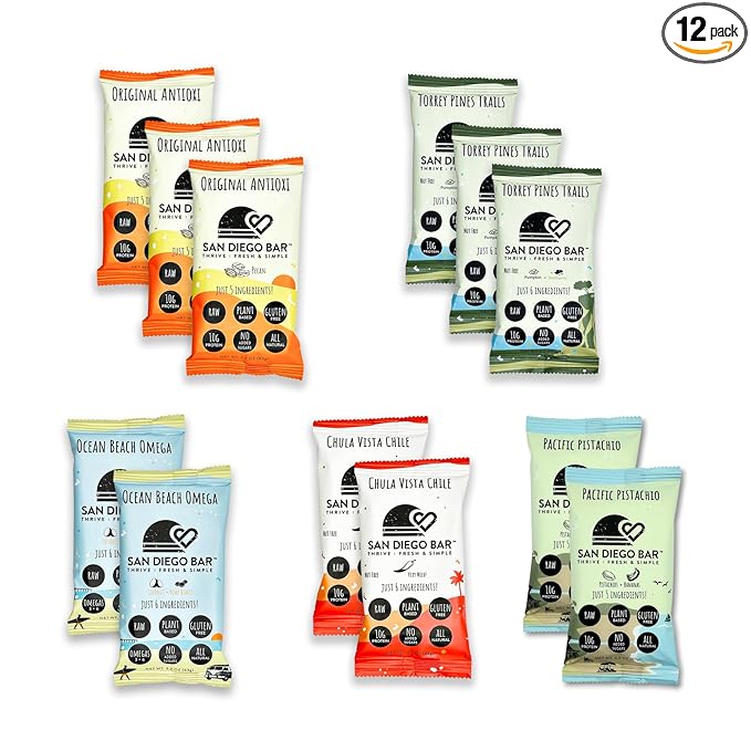 San Diego Bar - Raw Vegan Protein Bar | Variety Pack 12 Bars All Natural Gluten &amp Soy Free - Nutrition Meal Bar with No Added Sugars | 5 Flavors 10g Protein from Only 6 Natural Whole Food Ingr
