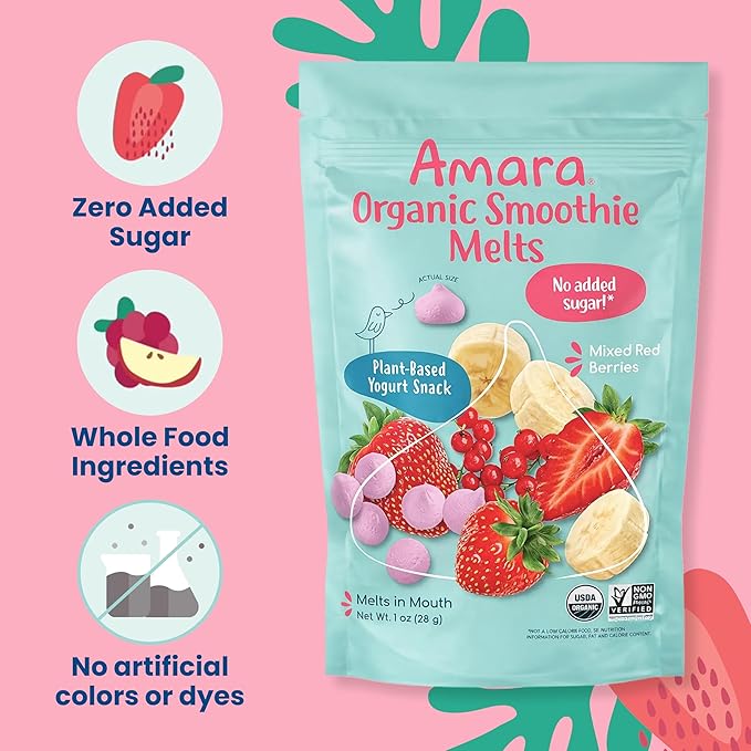Amara Smoothie Melts - Mixed Red Berries - Baby Snacks Made With Fruits and Vegetables - Healthy Toddler Snacks For Your Kids Lunch Box - Organic Plant Based Yogurt Melts - 6 Resealable Bags