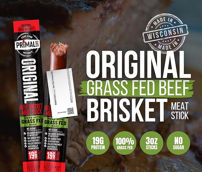 Primal Eats Original 100% Grass Fed Beef Brisket Meat Sticks 3oz 10-Pack - 19g Lean Meat Protein Keto Paleo Carnivore Gluten Free Zero Sugar Beef Jerky Snack Stick