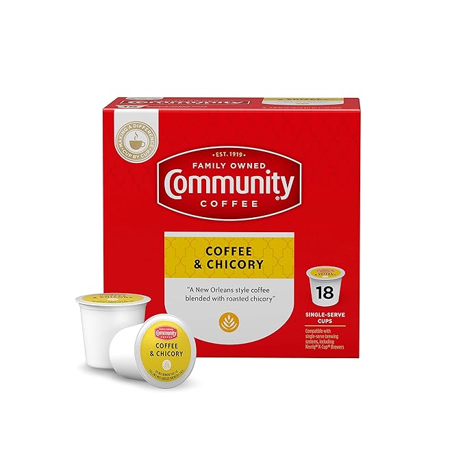 Community Coffee Coffee &amp Chicory Medium Dark Roast Single Serve K-Cup Compatible Coffee Pods Box of 18 Pods