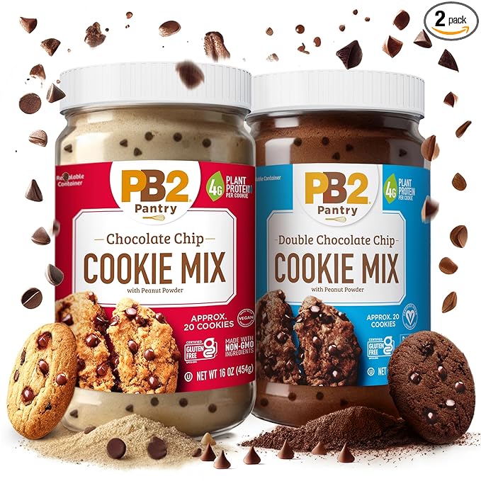 PB2 Pantry Bundle of Double Chocolate Chip Cookie &amp Chocolate Chip Cookie Mix | Certified Vegan Gluten-Free Non-GMO 4g Plant Protein per Serving 16oz Jars [Pack Of 2]