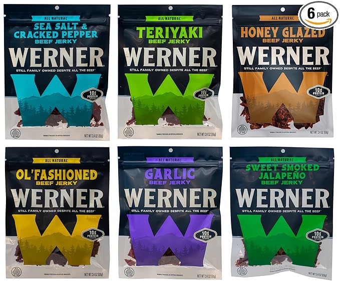 Werner Beef Jerky Variety Pack of 6 – Ol’ Fashioned Teriyaki Sea Salt &amp Pepper Honey Glazed and Sweet Smoked Jalapeno Sampler Pack Jerky Gifts for Men Meat Snack Packs (2.4 Ounces Each)