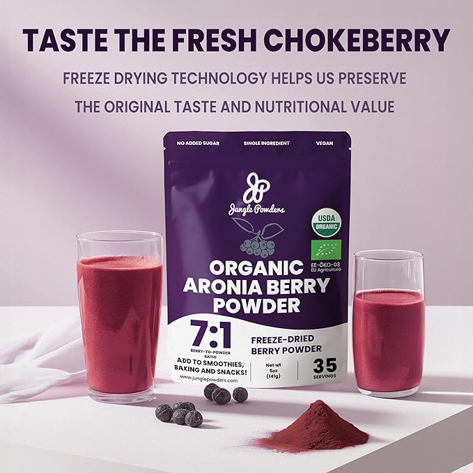 Jungle Powders Whole Black Freeze Dried Raspberries 3.2oz &amp Organic Aronia Berry Powder 5oz - No Sugar Added Antioxidant-Rich Superfoods for Snacking Baking Smoothies and Immune Support