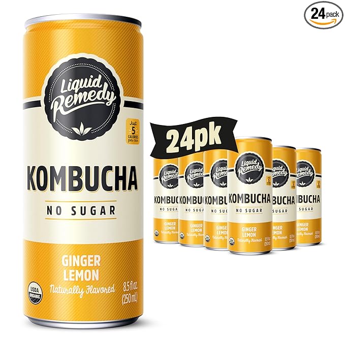 Liquid Remedy Kombucha Sugar Free Organic Drink Low Calorie Probiotic Like Tea for Gut Health - Ginger Lemon - 8.5 Fl Oz Can 24-Pack