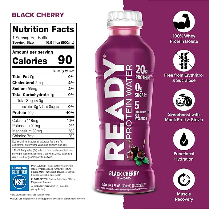 Ready® Clear Protein Water Variety Pack – Black Cherry &amp Cotton Candy Grape | 12 Bottles | 20g Protein | Sugar-Free Hydration