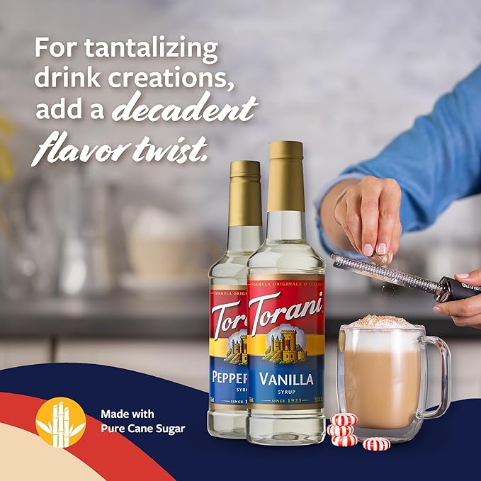 Torani Syrups Peppermint and Vanilla Syrup Variety 2-Pack Coffee Syrups for Drinks Pumps Included 25.4 Fl Oz Ea