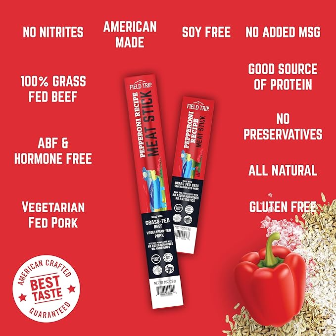 Field Trip Grass Fed Pepperoni Jerky Snack Sticks Keto Paleo Gluten Free Allergy Friendly Snack High Protein 100 Calorie Snack 1oz 24 Pack