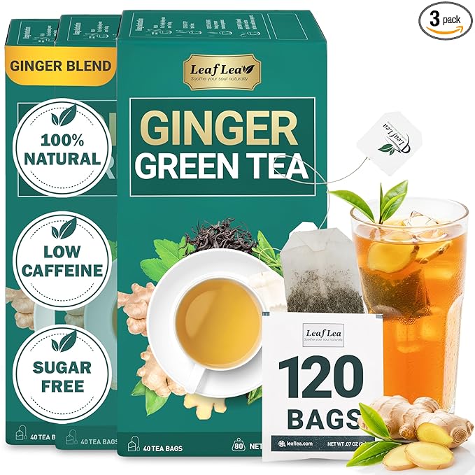 LeafLea Ginger Green Tea 120 Tea Bags Premium Green Tea Blend with Pure Ginger Root Supports Digestive Wellness Natural Flavor Low Caffeine Sugar-Free