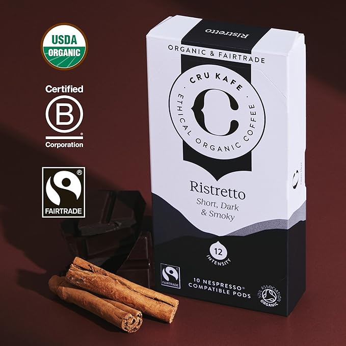 Cru Kafe Ristretto USDA Organic Espresso Coffee Capsules (50 Pods) Fairtrade Coffee Pods Compatible with Nespresso Original Line and Pixie Machines