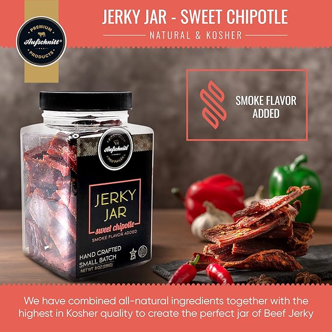 Aufschnitt Meats Beef Jerky Jar - Grass Fed Beef - Kosher and Keto Friendly - Gift Idea - 8 oz Jar Sweet Chipotle