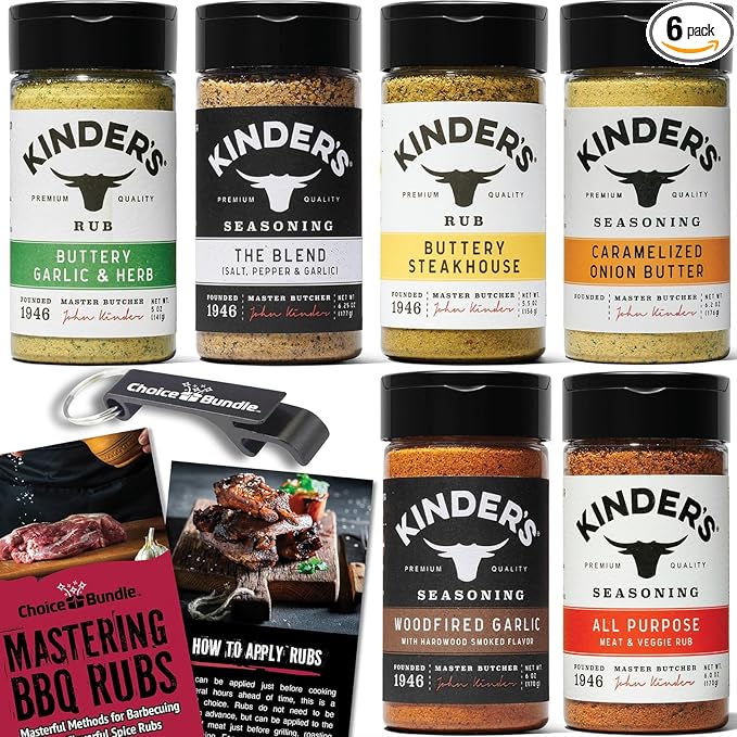 Kinders Buttery Garlic &amp Herb Woodfired Garlic The Blend Buttery Steakhouse All Purpose Caramelized Onion Butter Seasoning &amp Rub 6 pk (34.95 oz) + BBQ Masters &amp Opener (8 Items)!