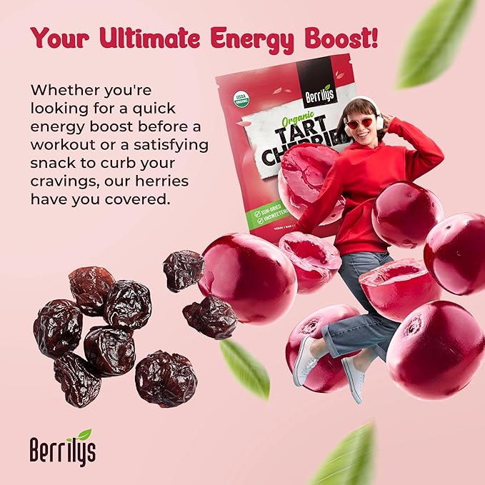 Berrilys Organic Unsweetened Dried Tart Cherries 1 lb (16 oz) - No Sugar Added Perfect for Baking Snacking &amp Salads - Unsweetened - Non-GMO Vegan Cherries for Healthy Living