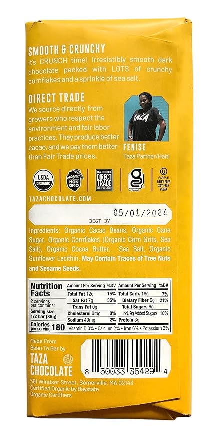 Taza Chocolate Organic Smooth &amp Crunchy Bars 70% Stone Ground Cornflake Crunch 2.5 Ounces (10 Count) Vegan