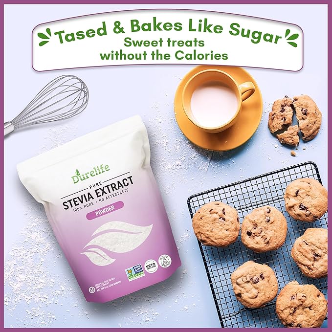 Durelife 100% Pure stevia extract sweetener 8 oz | No Erythritol NON-GMO Project Verified No Fillers Zero Calorie Sugar Substitute | No Aftertaste | Micro-Spoon Included | 8 oz
