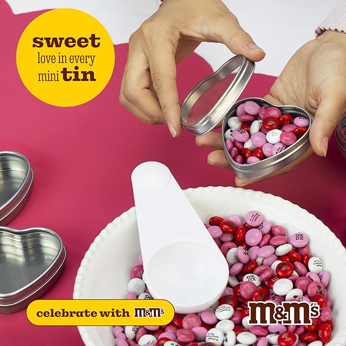 M&ampM’S Valentine's Day Chocolate Gift Kit 2lb Red Pink White M&ampM'S with Messages 20 Heart-Shaped Silver Tins for Personalized Candy Favors Galentine’s Gifts Party Favors Office Candy Treat