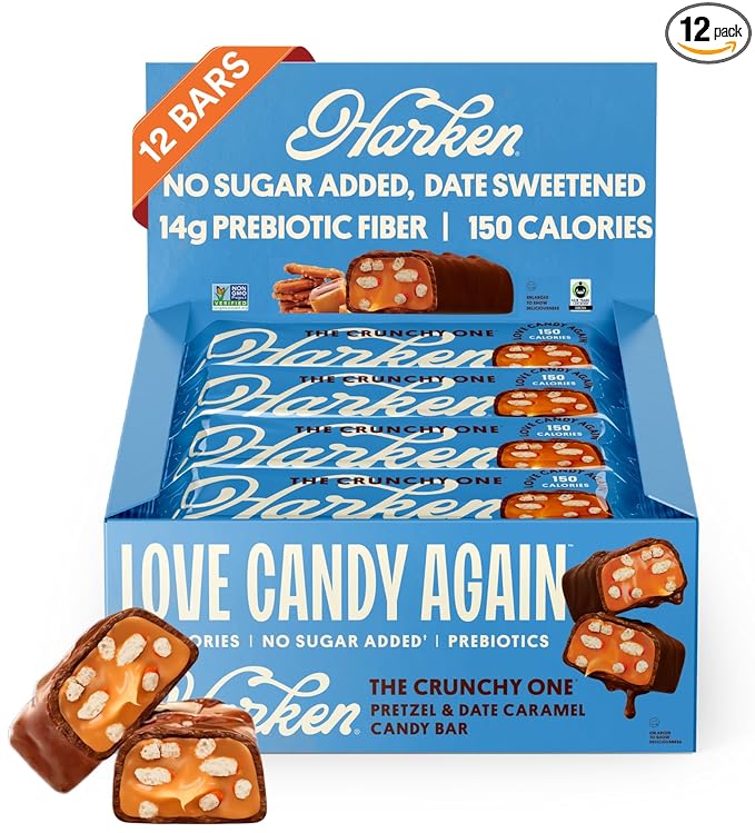 Harken Sweets The Crunchy Pretzely One - Oat Milk Chocolate Candy Bars with Pretzels and Date Caramel Sweetened with Dates and No Sugar Added High Fiber Nut-Free Gluten-Free Plant-Based 12 Bars