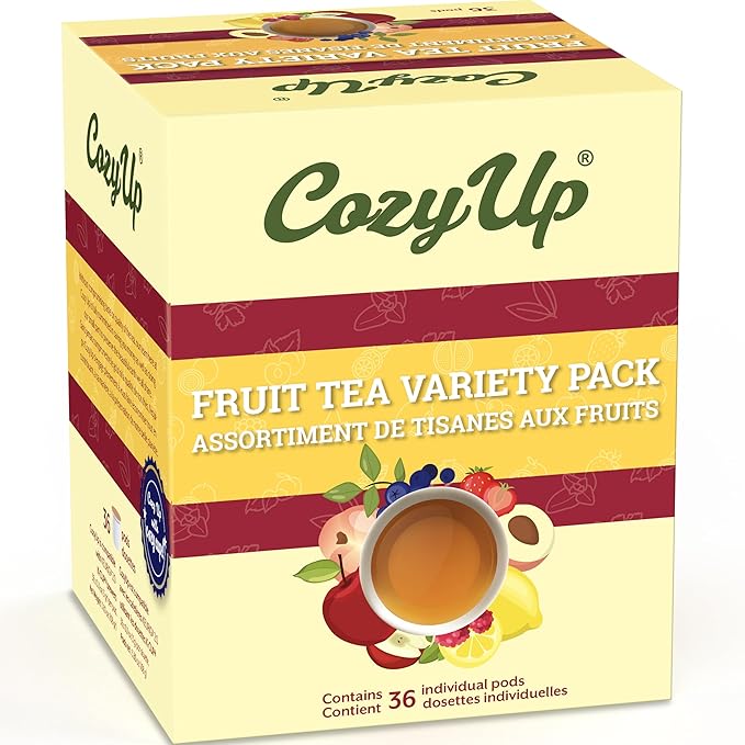 Cozy Up Iced Sweet Fruit Black Tea K-Cup Variety Pack 36 Count Guilt-Free Zero Calorie Sweetness - Compatible with Keurig - Lemon Tropical Berry Passion Fruit Apple &amp Peach - Single Serve Po