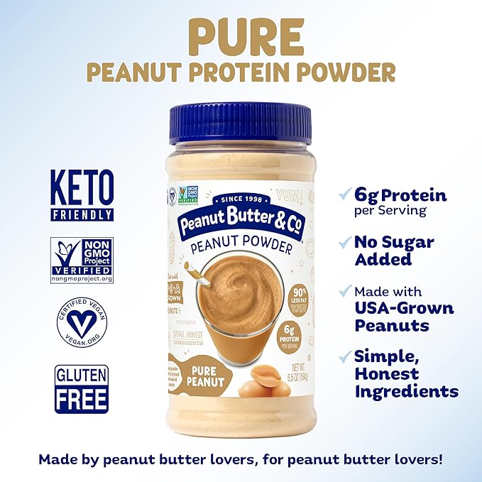 Peanut Butter &amp Co. Pure Peanut Powder 6g Protein No Sugar Added 90% Less Fat Non-GMO Project Verified Vegan &amp Gluten Free Powdered Peanut Butter 6.5 oz Jars (Pack of 6)