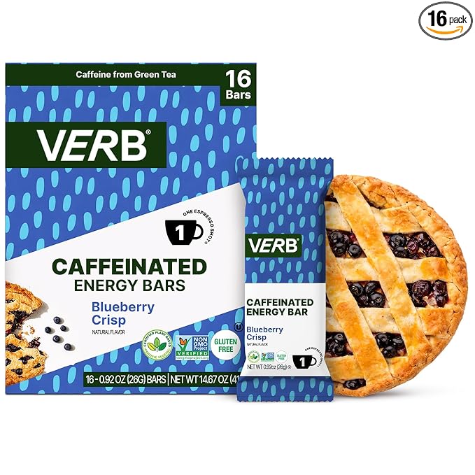 Verb Caffeinated Energy Bars Blueberry Crisp (26g Pack of 16) 110-Calorie Delicious Low Sugar Energy Bar - Vegan Gluten Free On-the Go Snack with 80mg Green Tea Caffeine Only Real-Food Ingredients