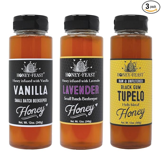 HONEY FEAST Gourmet Honey Trio – Vanilla Organic Lavender &amp Black Gum Tupelo Honey (Holly Blend) – 3 x 12oz Jars – Unfiltered Cold Packed – Florida Beekeeper Bottled