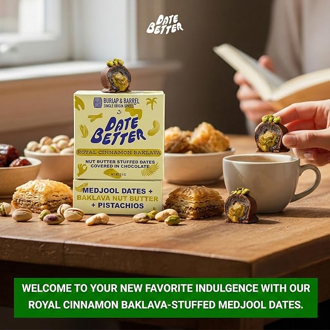 Date Better Royal Cinnamon Baklava Stuffed Medjool Dates - Dark Chocolate-Covered Dates Filled With Baklava Nut Butter &amp Pistachios | No Artificial Sweeteners Gluten-Free &amp Vegan (6-Pack)