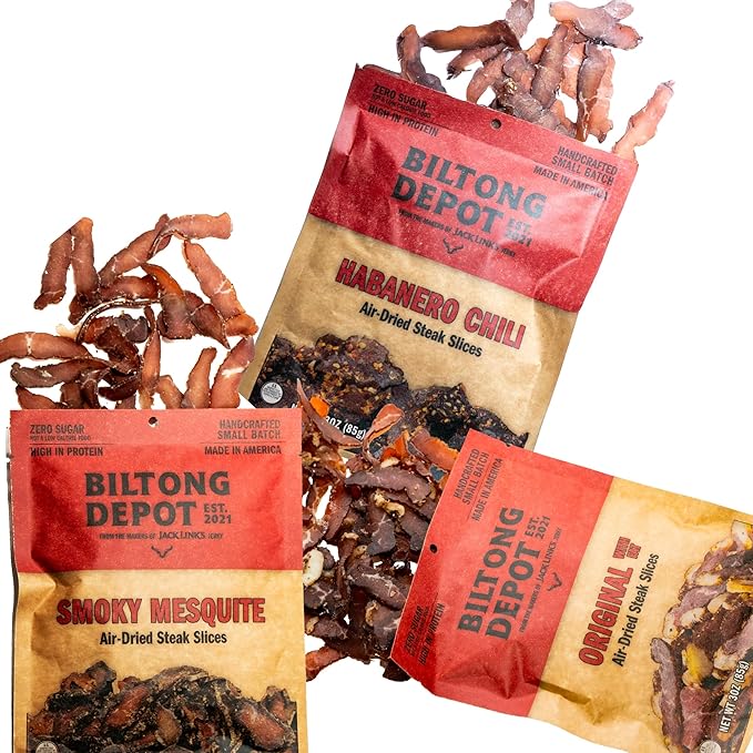 Biltong Depot Variety Pack – Smoky Mesquite Habanero Chili &amp Original with Fat | Biltong Slices | 3oz Bags (3 Pack) | Air-Dried Beef Jerky Snack | High Protein | Keto &amp Paleo Friendly | Zero