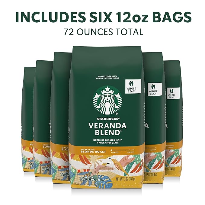Starbucks Whole Coffee Beans Starbucks Blonde Roast Hot or Iced Coffee Veranda Blend Six 12 oz Bags (Pack of 2)