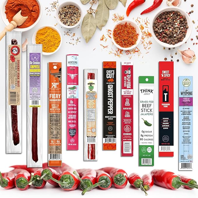 Jerky-n-Spice Premium Spicy Meat Sticks Variety Pack (10 Count) | Exotic Beef Jerky Gifts for Men | Assorted High Protein Snacks | Beef Stick Sampler | Ideal for Birthday Road Trip &amp Camping