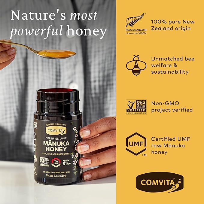 Comvita Manuka Honey UMF 15+ (MGO 514+) - Raw Manuka Honey New Zealand Pure &amp Unpasteurized Superfood for Immune Health Use in Tea Wild Monofloral Non-GMO - 250g (8.8 oz)