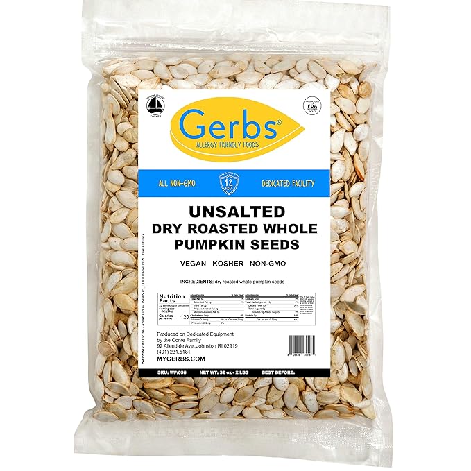 Pumpkin Seeds in-Shell (Whole) Roasted &amp Unsalted by Gerbs - 2 LBS Premium Grade AA Pepitas - Top 10 Food Allergen Free - Vegan &amp Kosher - Seed Country of Origin USA - Made in Rhode Island