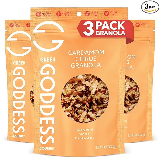 Greek Goddess Gourmet Cardamom Citrus Granola with Almonds Pumpkin Seeds Wildflower Honey Orange Extract 100% Whole Grain Oats &amp Olive Oil – Healthy Gluten Free Granola 10oz (3-Pack)