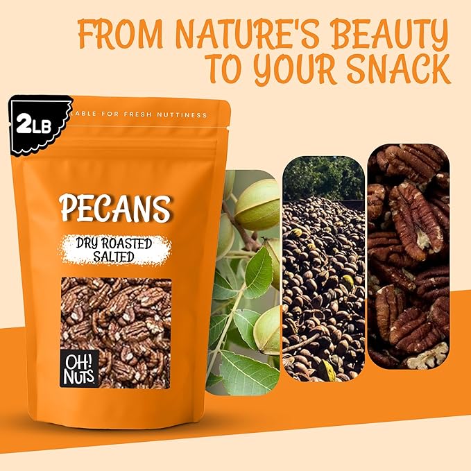Oh! Nuts Pecans Dry Roasted Salted - All Natural Salted Pecans Halves - 2 lb Bulk Bag - Oil-Free Crunchy Snack