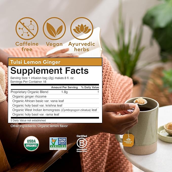 Organic India Tulsi Lemon Ginger Tea Bags - Herbal Tea Stress Relieving &amp Reviving Immune Support Aids Digestion Vegan USDA Certified Organic Non-GMO Caffeine-Free - 18 Infusion Bags 6 Pac