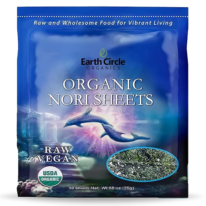 Earth Circle Organics | Organic Nori Seaweed Sheets - Raw Unheated &amp Not Roasted | Grade A Certified | Vegan Paleo Keto Friendly | Premium Nori for Sushi Rolls &amp Wraps (50 Sheet)