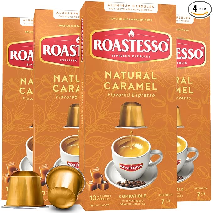 Roastesso Coffee Natural Caramel Flavored Espresso Pods Nespresso Capsules Compatible with Original Line Machines Barista Creations Flavor Pack Medium Dark Roast Ristretto (40 Count)