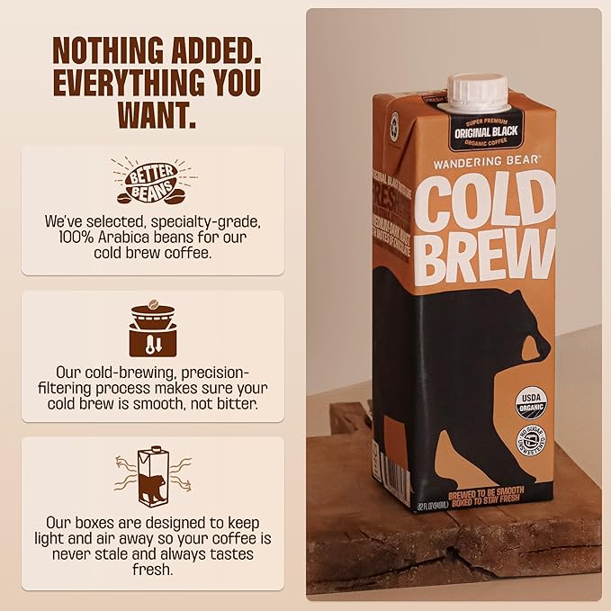 Wandering Bear Decaf Cold Brew Coffee - Bold Smooth No Sugar Added Shelf-Stable Ready to Drink Gluten Free &amp Vegan Decaf Iced Cold Brewed Coffee Drink - 32 fl oz 6 pack