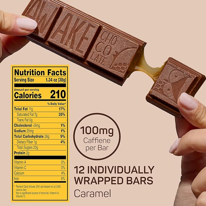 AWAKE - Caffeinated Chocolate Bars - Caramel Milk Chocolate 12 Bars - 100mg Caffeine - 1 Bar Equals 1 Cup of Coffee - Individually Wrapped Energy - Fairtrade Gluten Free Non GMO - 1.34oz