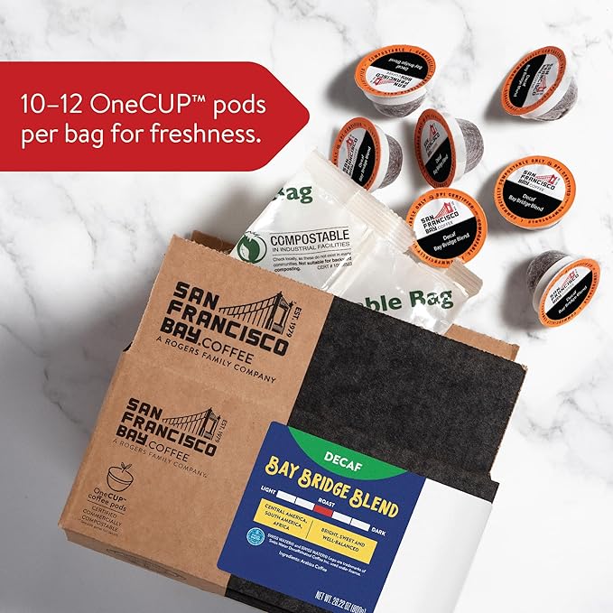 San Francisco Bay Compostable Coffee Pods - DECAF Bay Bridge Blend (80 Ct) K Cup Compatible Medium Roast Swiss Water Processed