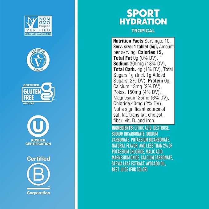 Nuun Sport Electrolyte Tablets with Magnesium Calcium Potassium Chloride &amp Sodium Gluten Free &amp Vegan Tropical 8 Pack (80 Servings Total)