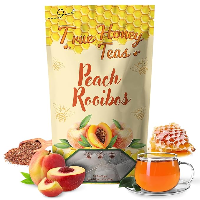 True Honey Teas Peach Rooibos Tea Bags - All Natural Organic Rooibos with Dried Peach Juice - Herbal Caffeine-Free Blended with Honey Crystals - 24 Count