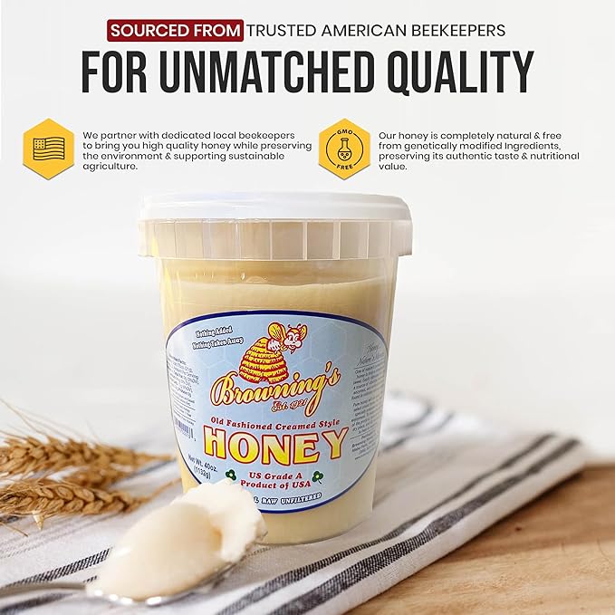 Browning's 40 oz Creamed Raw Clover Honey | 100% Pure Natural &amp Unfiltered | Premium Old-Fashioned Honey - Product of the USA