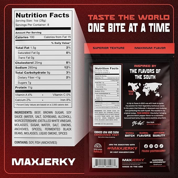 MaxJerky Texas Barbecue Beef Jerky Smoked Pepper Flavored Jerky 88 Grams of Protein 8 OZ (2 Pack)
