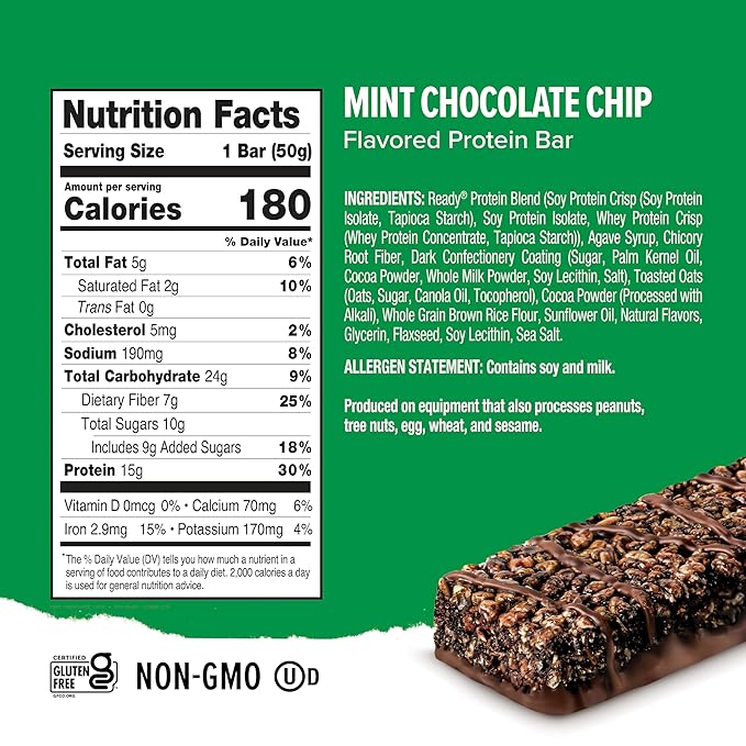 Ready® Protein Bars - High-Protein Snack with 15g Whey Protein All-Natural Ingredients Supports Lean Muscle and Recovery - Mint Chocolate Chip Bundle (15-Pack)
