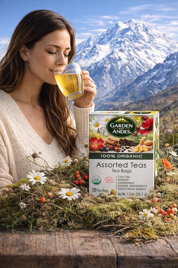 Garden of the Andes - Organic Assorted Herbal Teas - Variety Pack 20 Tea Bags - Caffeine-Free Herbal Infusions - Biodegradable Staple-Free Bags and Seed-to-Cup Traceability