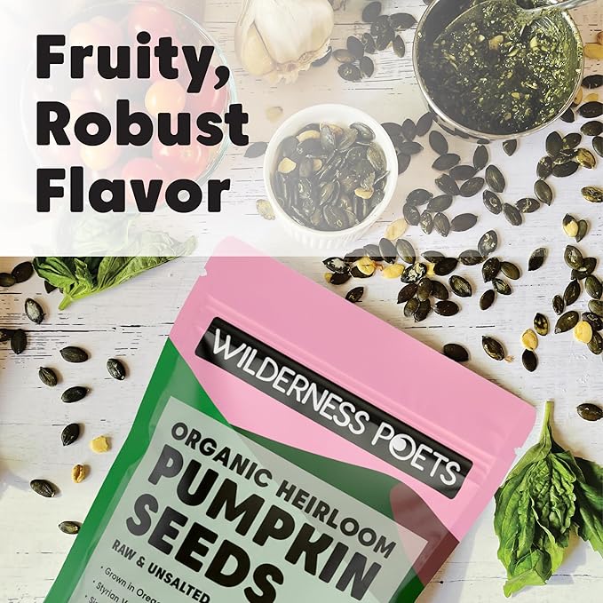 Wilderness Poets Organic Heirloom Pumpkin Seeds - Styrian Variety No Shells Naturally Hulless. Unsalted Bulk Size Grown in Oregon USA or Europe (32 Ounce - 2 Pound)