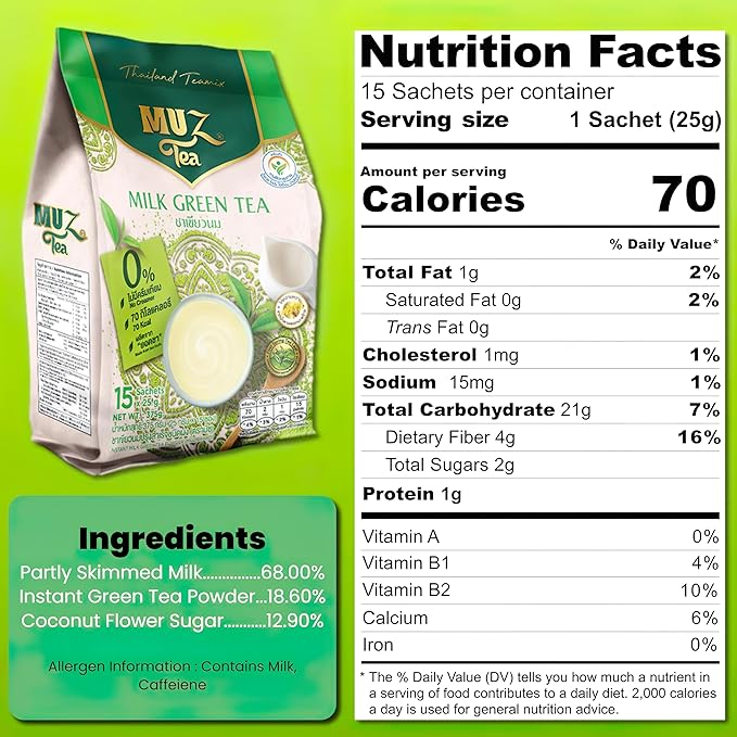 MuzTea Instant Milk Green Tea Powder Mix 3 in 1 With Green Tea Coconut Flower Sugar Creamer From Selected Low Fat Milk Powder 15 Sachets (Milk Green Tea)