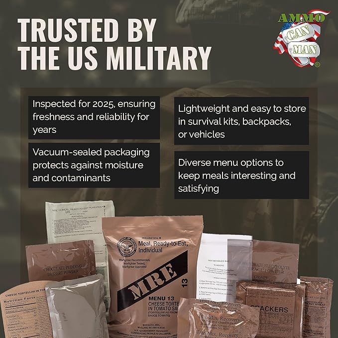U.S. Meals Ready to Eat (Variety Pack of 12) – (A or B Case Selected at Random) Nutritional Emergency Food Rations - Freeze Dried Food w/ Flameless Heater Entree Dessert &amp More - MRE Kit for Em
