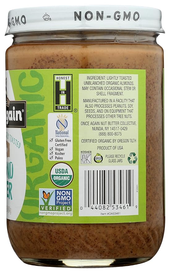 Once Again Creamy Organic Almond Butter No Sugar Lightly Toasted - Single Ingredient Nut Butter No Palm Oil No Salt - Glass Jar Non-GMO Gluten Free Vegan 16 oz Glass Jar